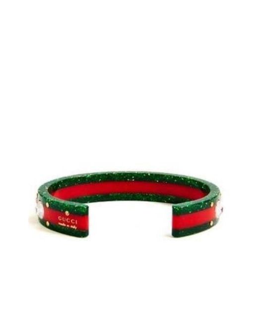 Gucci Green Vintage Web Cuff Bracelet With Crystals
