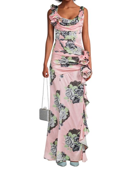 Alessandra Rich White Silk Satin Evening Dress In Rose Print