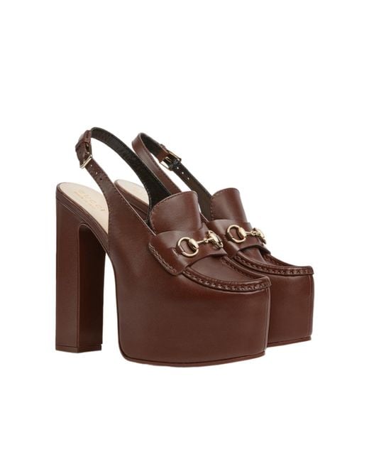 Gucci Brown Ottavia Horsebit Loafer 145mm Platform Slingback Pumps