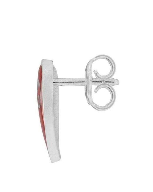 Gucci Interlocking G Heart Stud Earrings In Sterling Silver With Red Enamel
