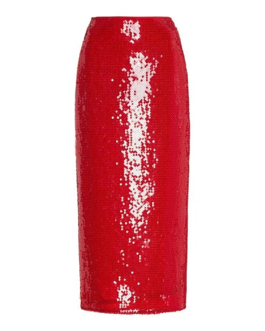 David Koma Sparkly Sequinned Red Midi Skirt