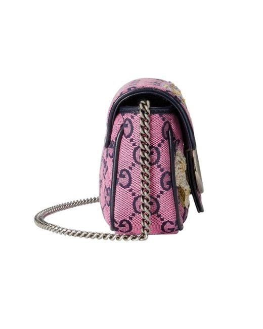 Gucci Purple GG Marmont Pink Embroidery Super Mini Bag