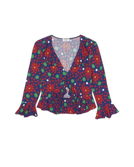 Saint Laurent Blue Ruffled Floral-print Crepe Blouse
