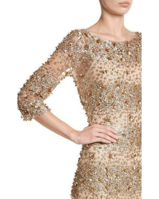 Naeem Khan Metallic Beaded Gold Fitted Cocktail Dress