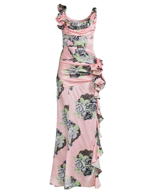 Alessandra Rich White Silk Satin Evening Dress In Rose Print
