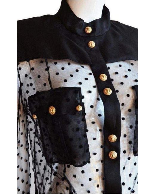 Balmain Long Sleeve Black Polka Dot Silk Shirt With Gold Buttons