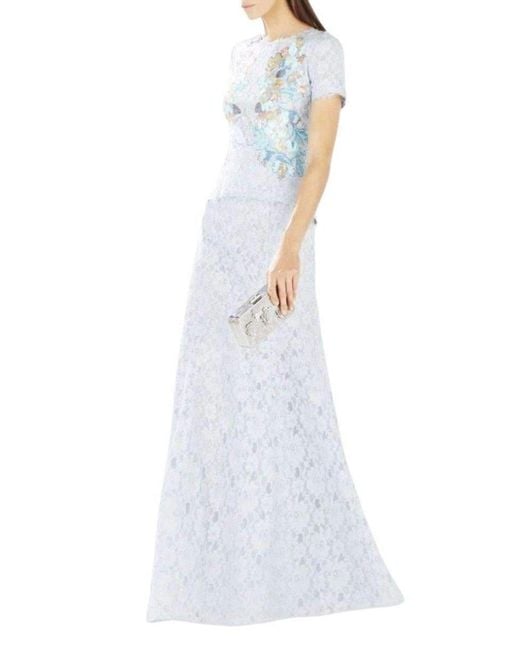 BCBGMAXAZRIA Blue Anaya Lace Peplum Sequin Detail Gown