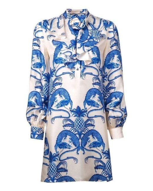 Gucci Blue Silk Dragon Print Twill Ruffle Neck Dress