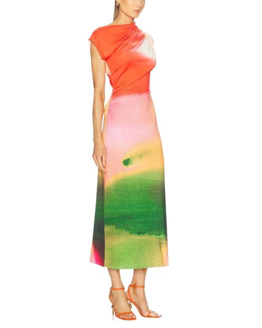 Oscar de la Renta Red Watercolor Print Draped Jersey Midi Dress