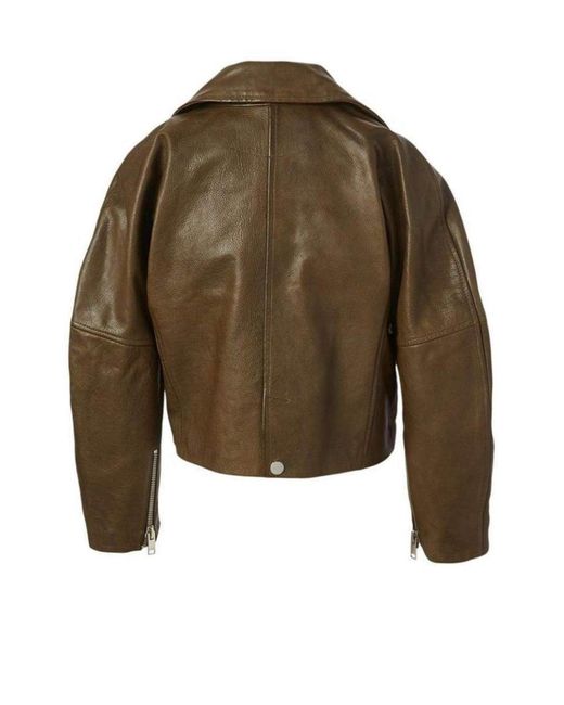 Ganni Green Leather Cropped Biker Jacket