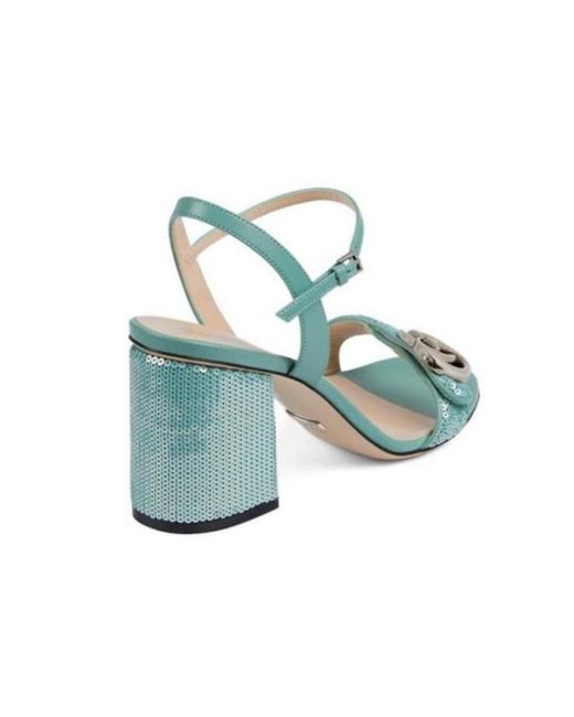 Gucci Blue Green Sequin GG Marmont Mid Heeled Sandals