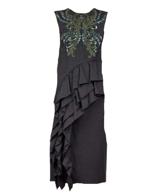 Dries Van Noten Black Sequinned Asymmetric Ruffle Cotton Dress Fr 38 (us 8)