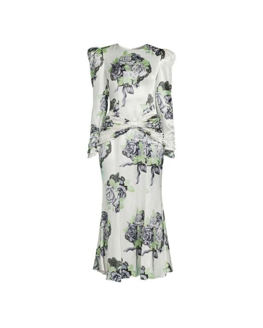 Alessandra Rich Gray Silk Satin Rose Print Midi Dress