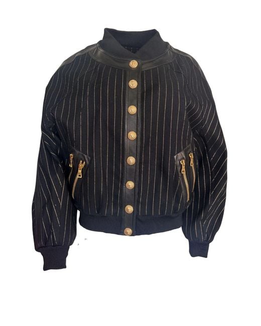 Balmain Blue Striped Cotton Teddy Jacket Black Gold