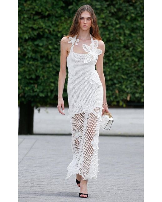 Oscar de la Renta White Halter Orchid Crochet Knit Dress
