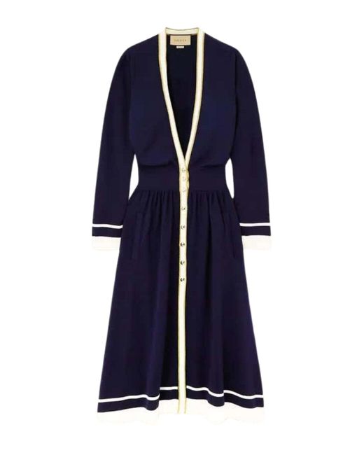 Gucci Blue Button Embellished Striped Wool Midi Dress