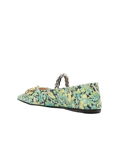 Gucci Green Floral Horsebit Ballerina Shoes