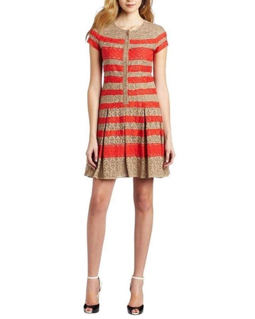 BCBGMAXAZRIA Red Mixed Lace Shirt Cotton Dress
