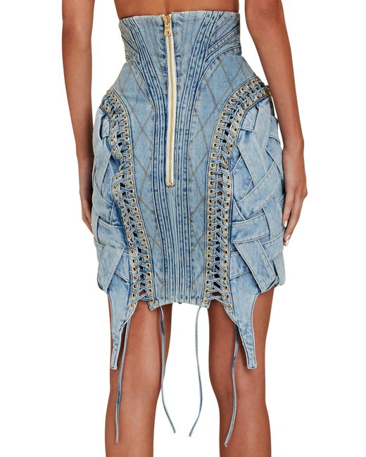 Balmain Blue High-waist Lace-up Denim Skirt