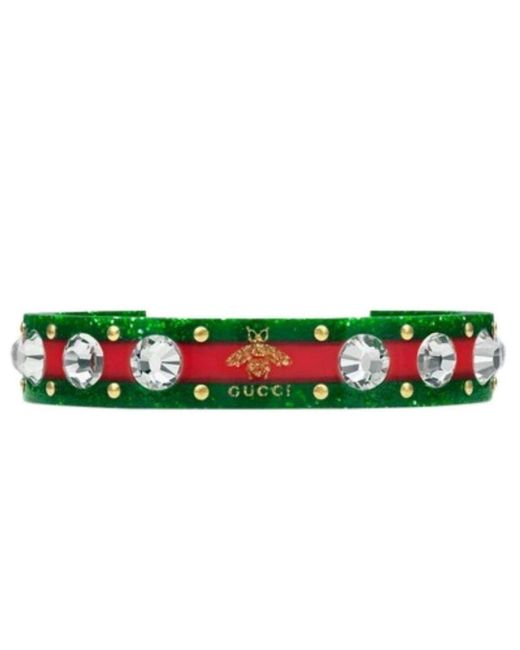 Gucci Green Vintage Web Cuff Bracelet With Crystals