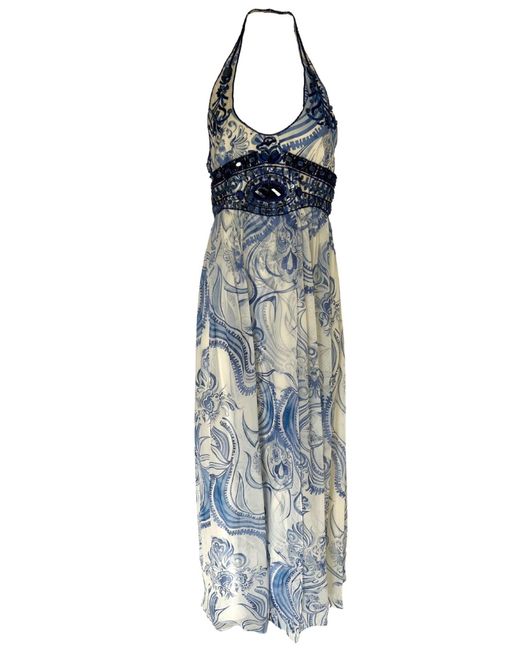 Emilio Pucci Blue Greek Bleach Lazurite Silk Halter Gown Dress