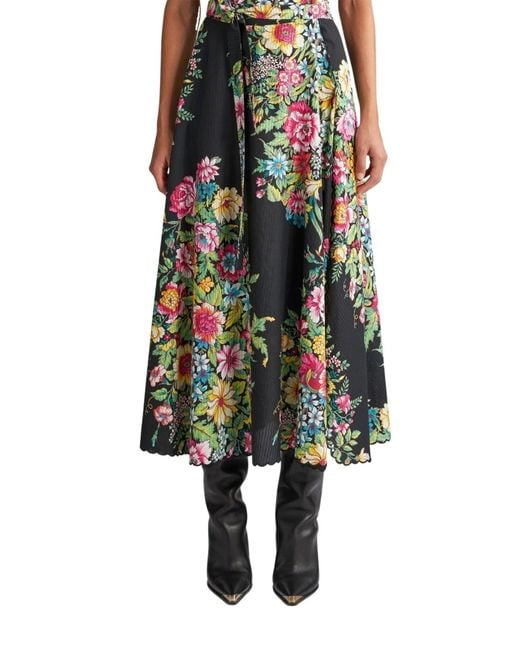 Etro Green Floral Print Cotton Silk Wrap Midi Skirt
