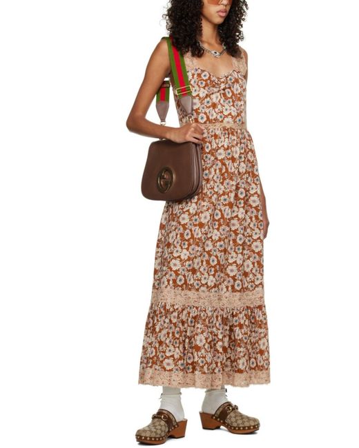 Gucci Natural Floral-print Lace-trimmed Twill Dress