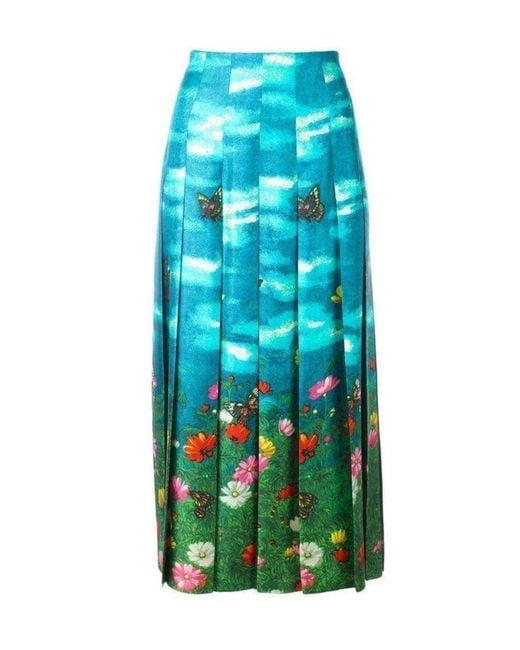 Gucci Blue Vita Garden Pleated Silk Skirt It 36 (us 0)