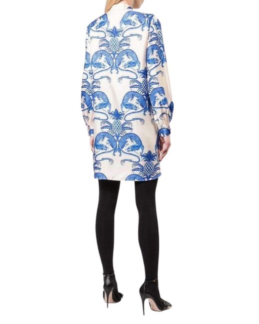 Gucci Blue Silk Dragon Print Twill Ruffle Neck Dress