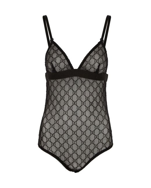 Gucci Black GG Embroidered Sheer Tulle Bodysuit