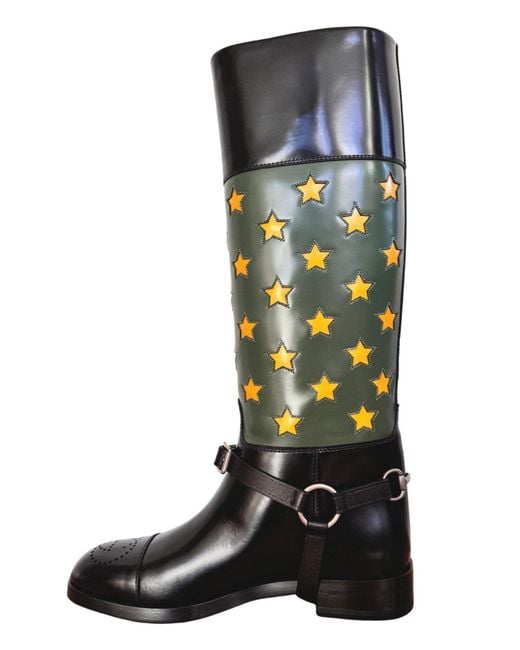 Gucci Black Abstract Art Pop Leather Riding Boot
