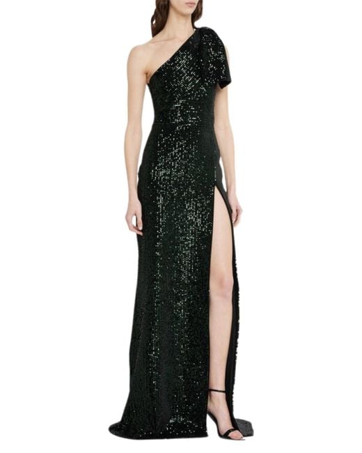 Elie Saab Black Green Sequinned Velvet One-shoulder Dress