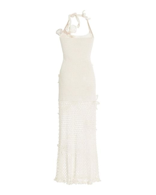 Oscar de la Renta White Halter Orchid Crochet Knit Dress