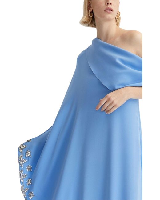 Oscar de la Renta Blue One Shoulder Drape Crystal Embroidered Dress