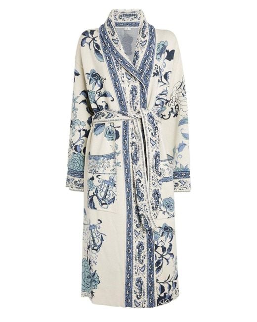 Etro Blue Floral Print Wrap Coat