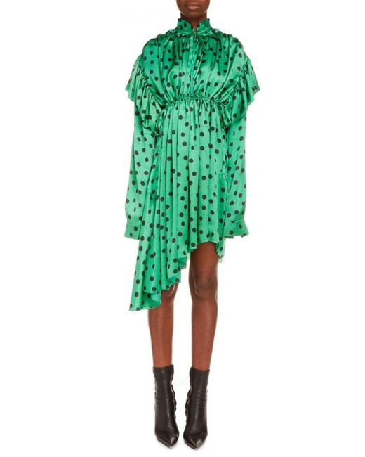 Balenciaga Green Polka Dot Print Long Sleeve Logo Jacquard Babydoll Dress