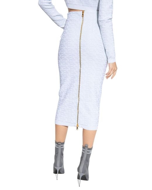 Balmain Blue Embossed Monogram Midi Skirt