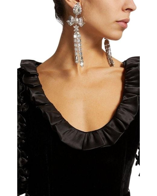 Alessandra Rich White Crystal Bow Drop Clip-on Earrings