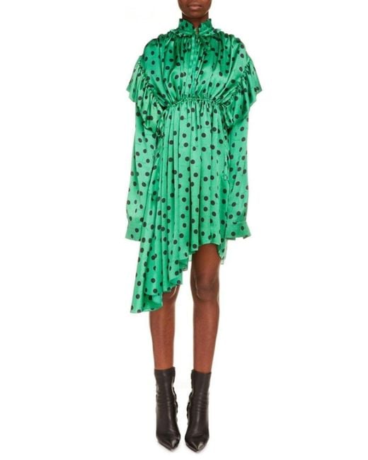 Balenciaga Green Polka Dot Print Long Sleeve Logo Jacquard Babydoll Dress