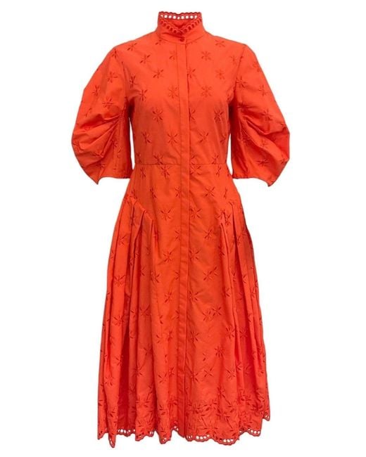 Erdem Red Zelda Broderie Anglaise Poplin Midi Dress