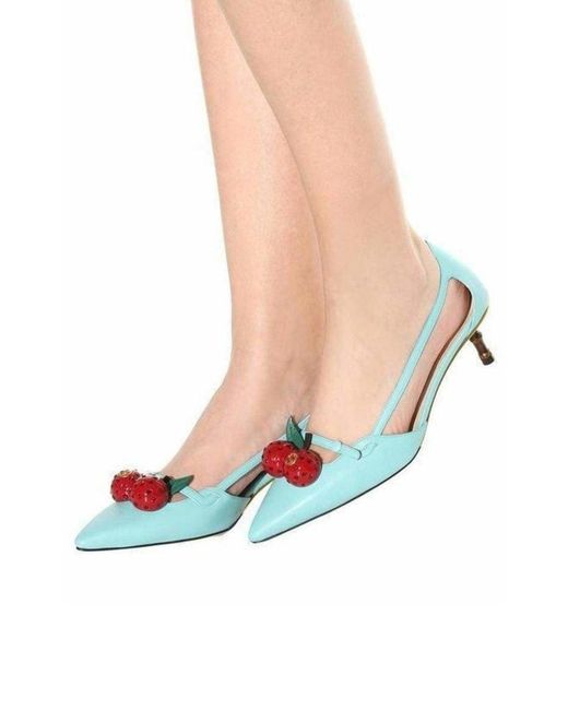 Gucci Green Unia Aqua Cherry Leather Slingback It 36.5