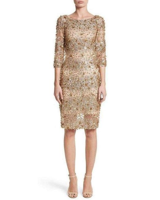 Naeem Khan Metallic Beaded Gold Fitted Cocktail Dress