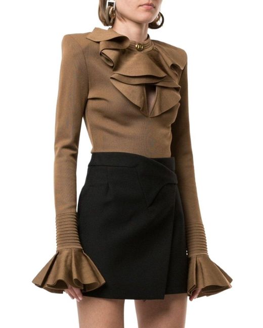 Balmain Natural Ruffled Knit Cutout Bodysuit