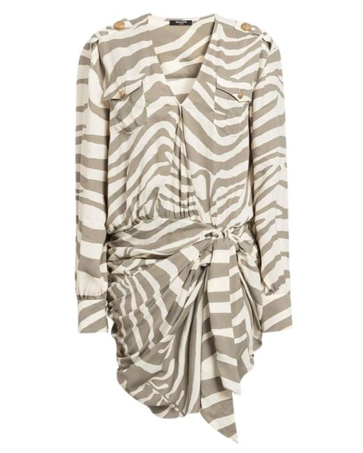 Balmain Natural Draped Zebra Print Wrap Dress