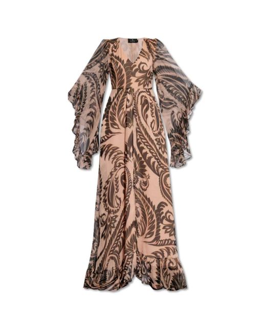 Etro Brown Printed V-neck Silk Dress