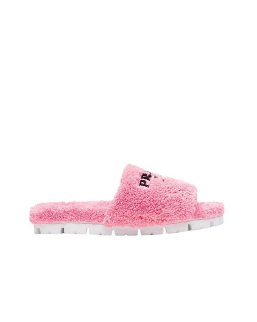 Prada Pink Logo-embroidered Faux Shearling Slides