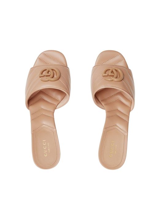 Gucci Pink Double G Beige Leather Slide Sandals