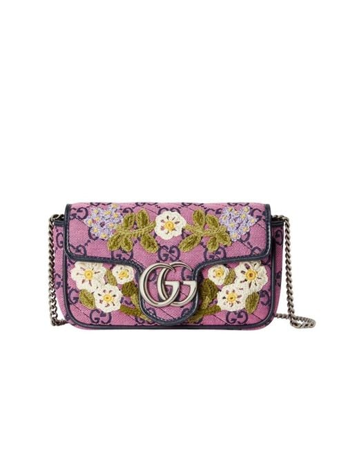 Gucci Purple GG Marmont Pink Embroidery Super Mini Bag
