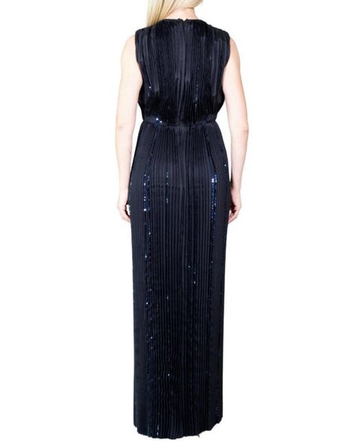 Nina Ricci Blue Black Pleated Sequin Embellished Maxi Silk Gown