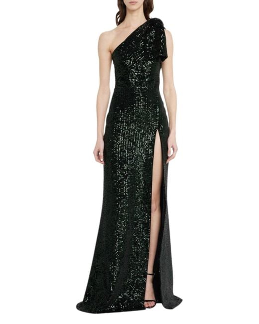 Elie Saab Black Green Sequinned Velvet One-shoulder Dress